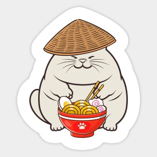 Funny fat cat is eating noodles Sticker